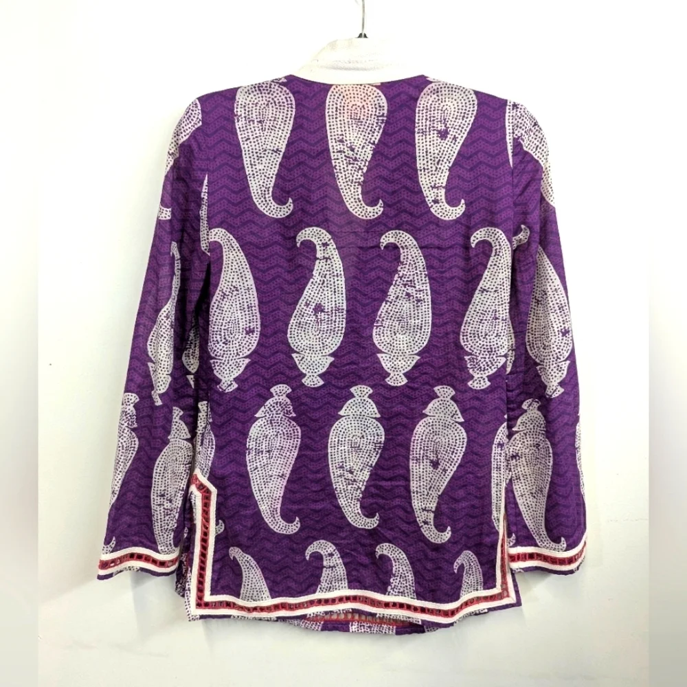 Tory Burch Cotton Purple Paisley Tunic Top Beaded Mirror And Embroidery 0 Loose